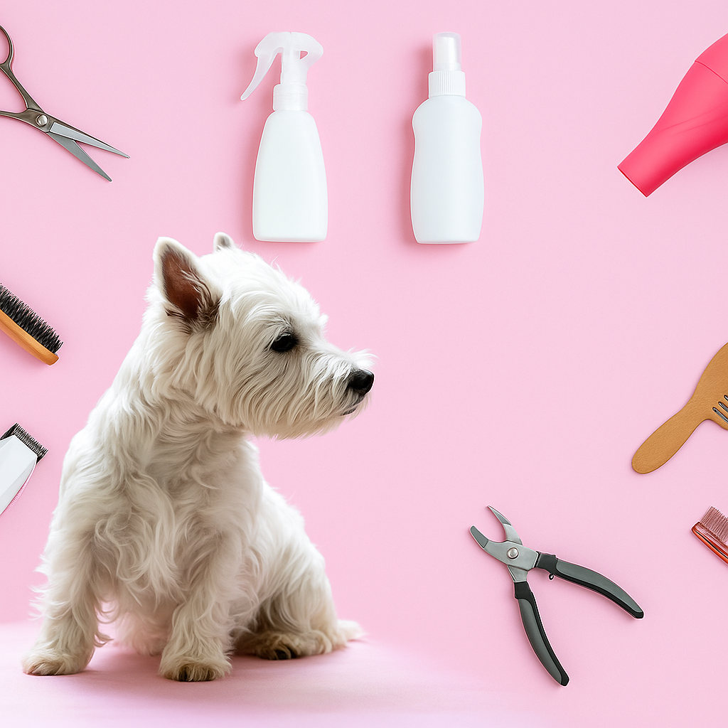 dog with a pink background with groom materials